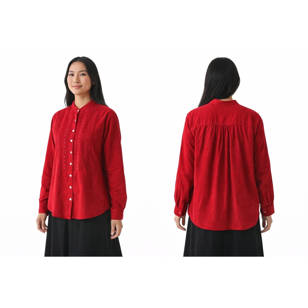 J. Jill Pintuck Embroidered Corduroy Shirt Womens L Red Cotton Button‎ Down Top